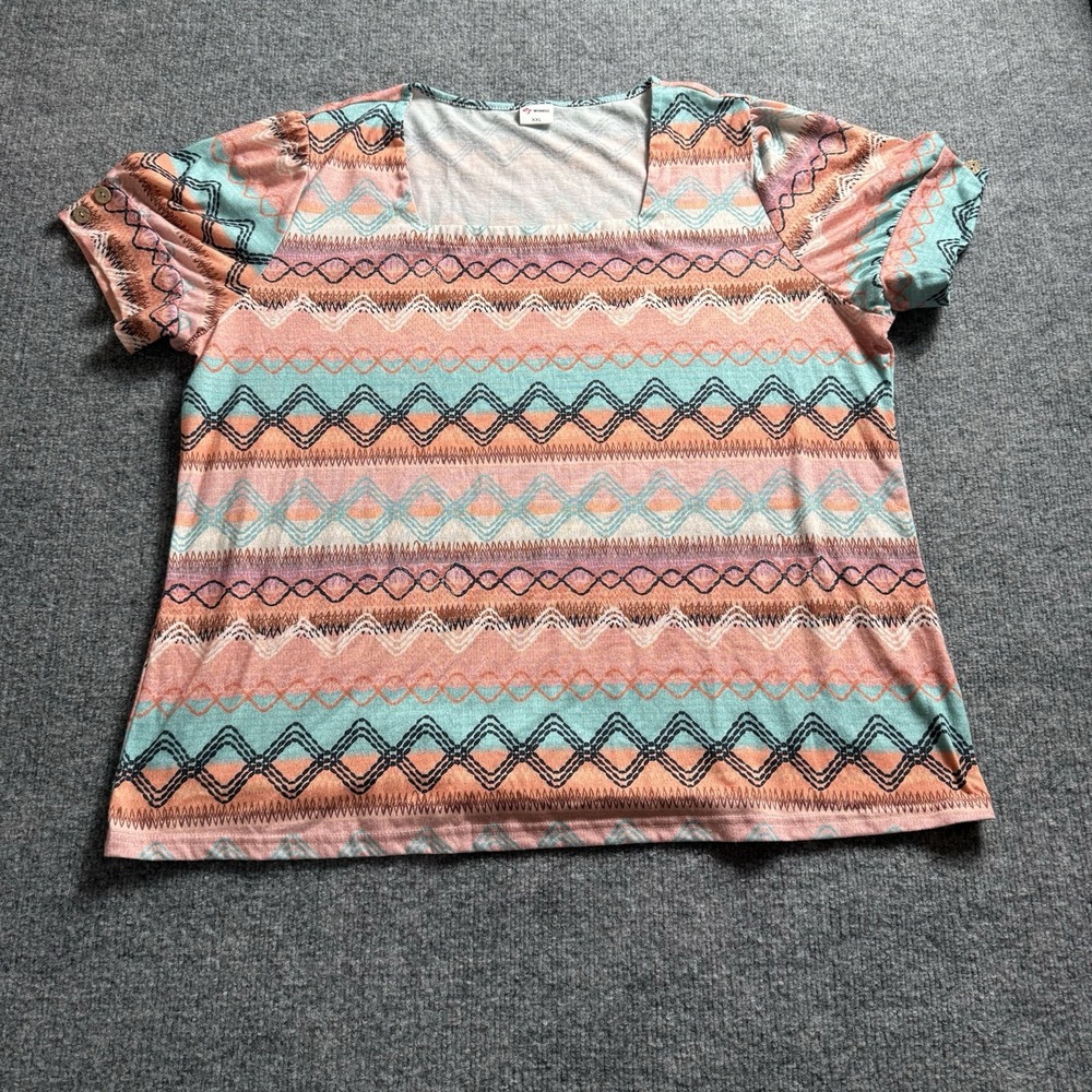 Womens Southwestern Geometric Print Top Square Neck Short Sleeve Coral Teal